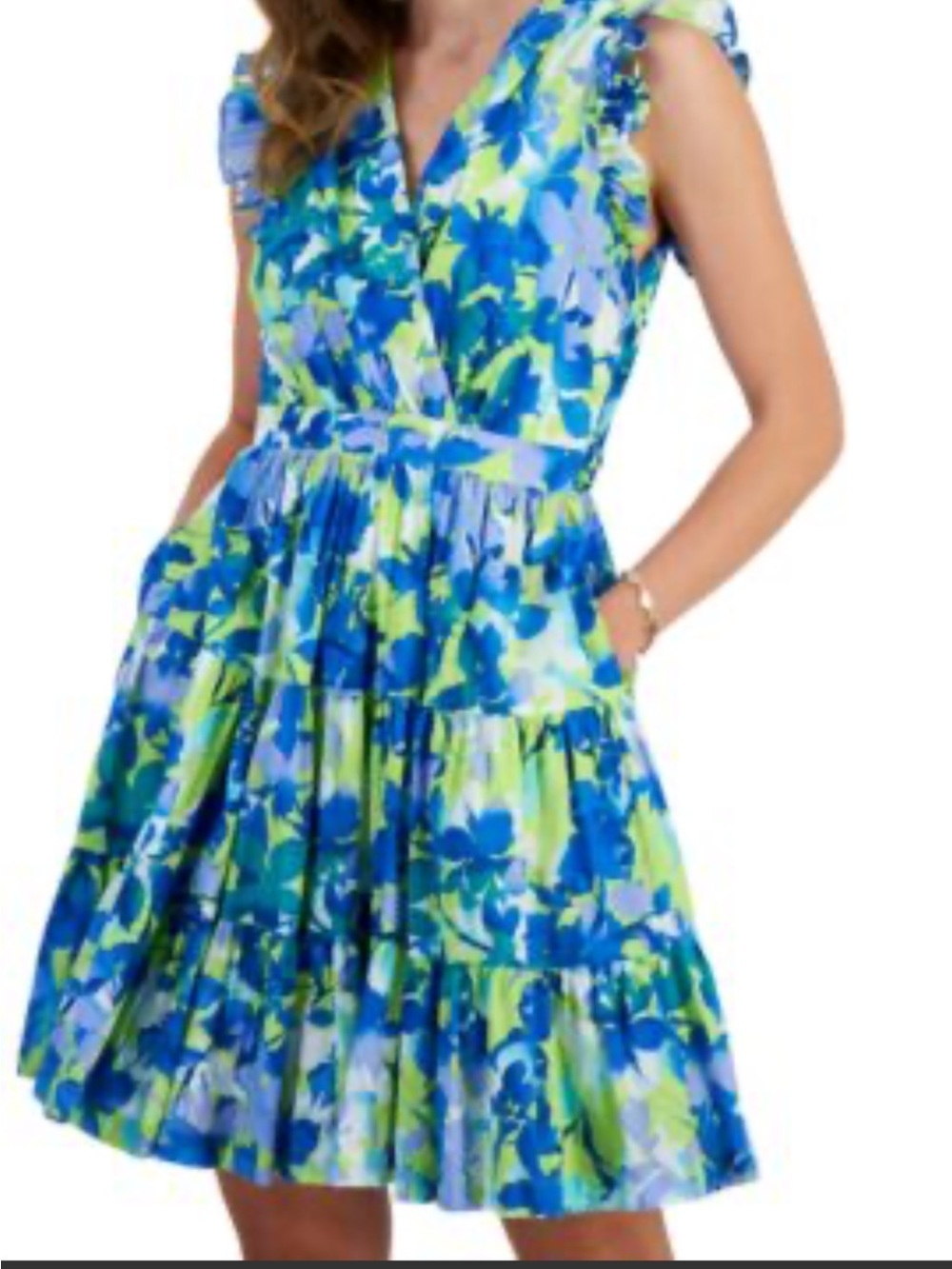 Taylor Blue and Green Floral Ruffle Sleeve Dress